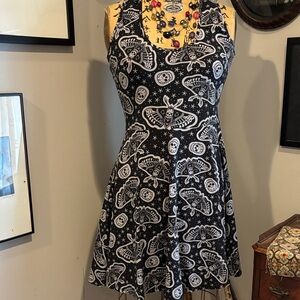 Sourpuss Black & Grey  Gothic Skull Death Head Moth Print Dress NWOT